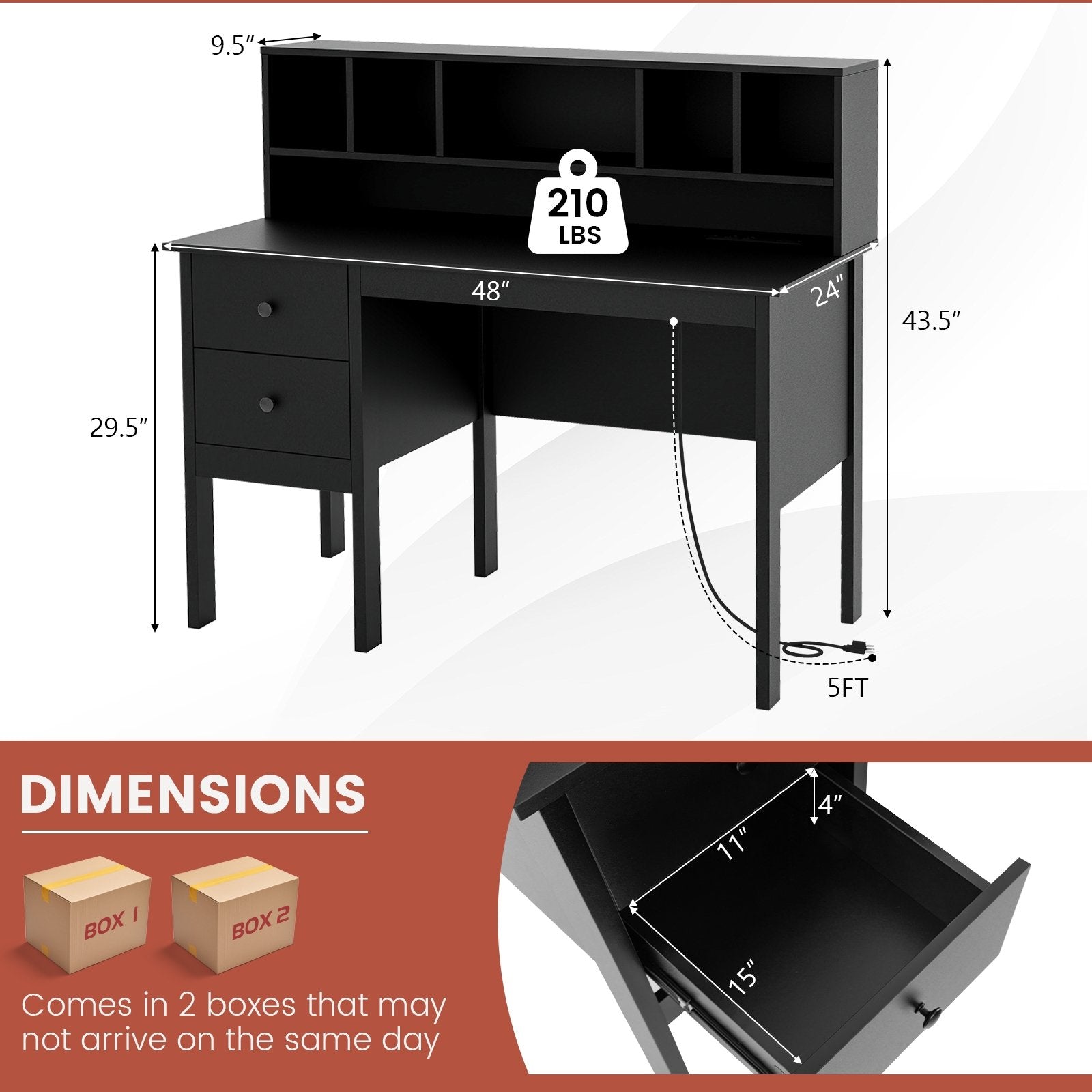 48 Inch Computer Desk with Drawers Power Outlets, Black Computer Desks   at Gallery Canada