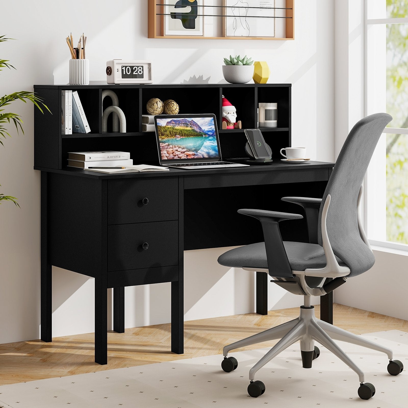 48 Inch Computer Desk with Drawers Power Outlets, Black Computer Desks   at Gallery Canada