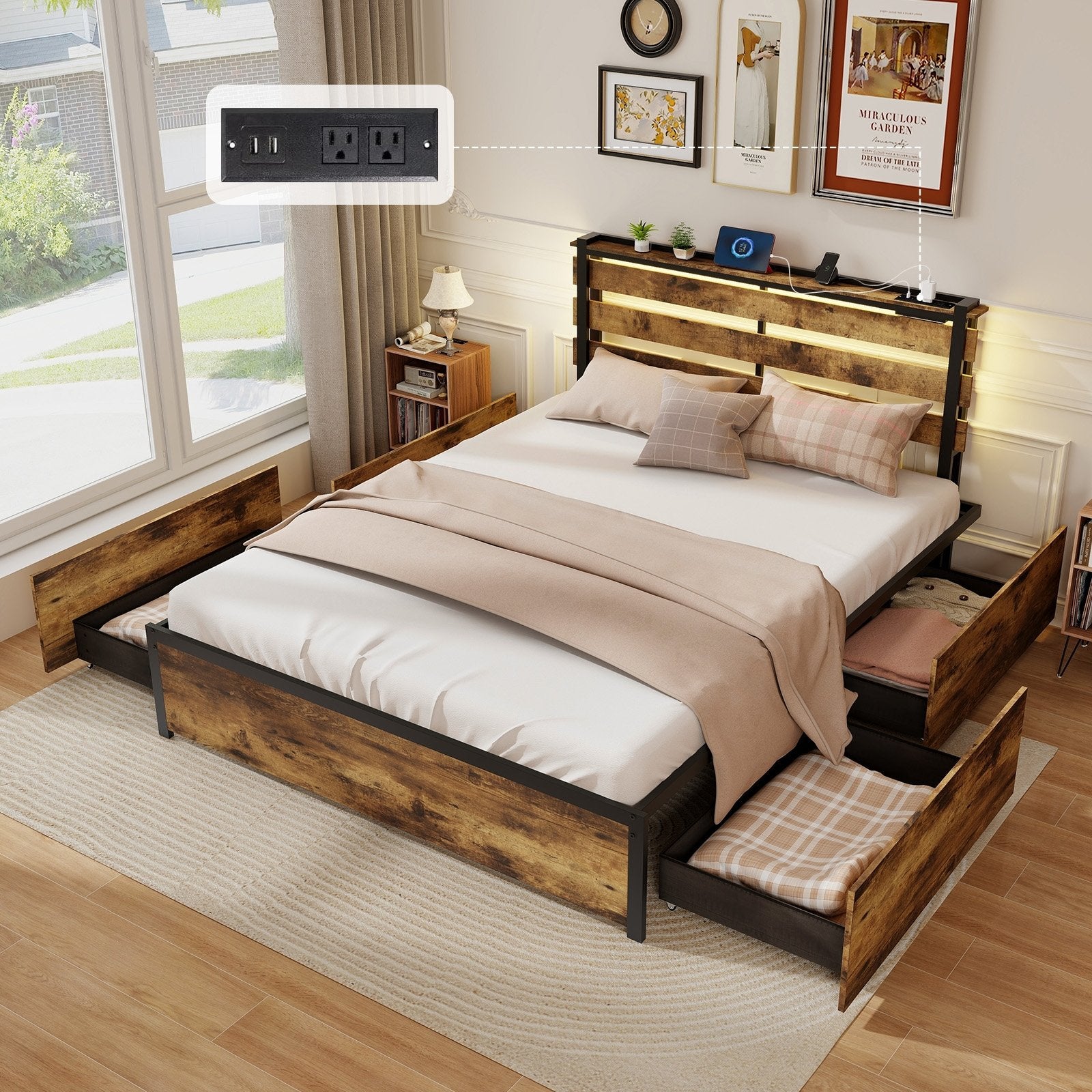 Full/Queen/Twin Size Bed Frame with Drawers LED Lights and USB Ports-Queen Size, Rustic Brown Simple Bed Frame   at Gallery Canada