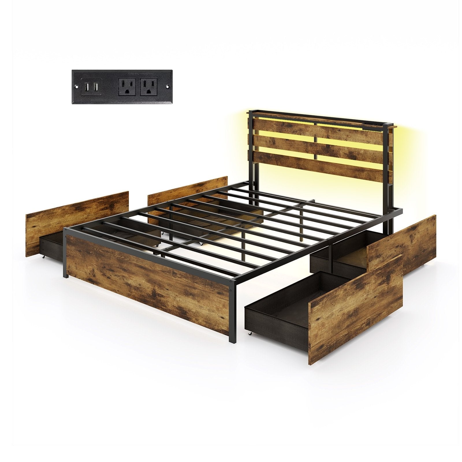 Full/Queen/Twin Size Bed Frame with Drawers LED Lights and USB Ports-Queen Size, Rustic Brown Simple Bed Frame   at Gallery Canada