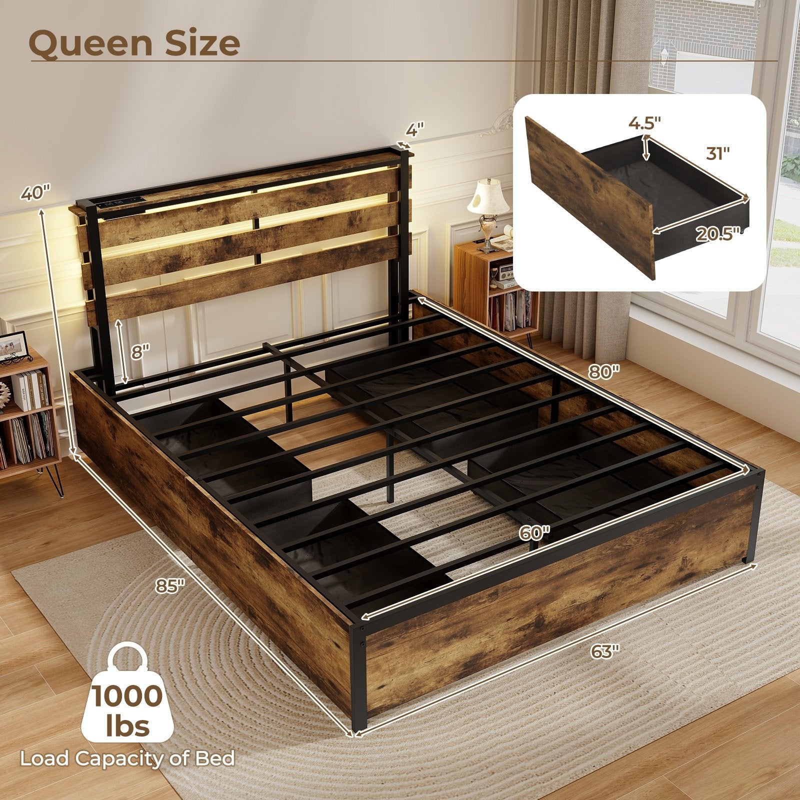 Full/Queen/Twin Size Bed Frame with Drawers LED Lights and USB Ports-Queen Size, Rustic Brown Simple Bed Frame   at Gallery Canada