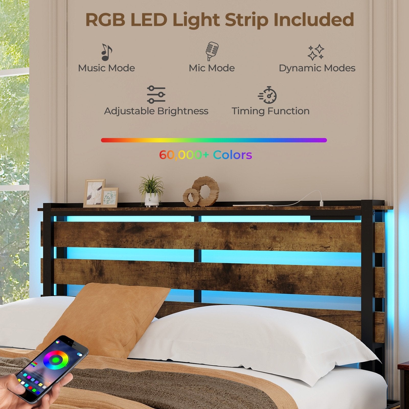 Full/Queen/Twin Size Bed Frame with Drawers LED Lights and USB Ports-Queen Size, Rustic Brown Simple Bed Frame   at Gallery Canada