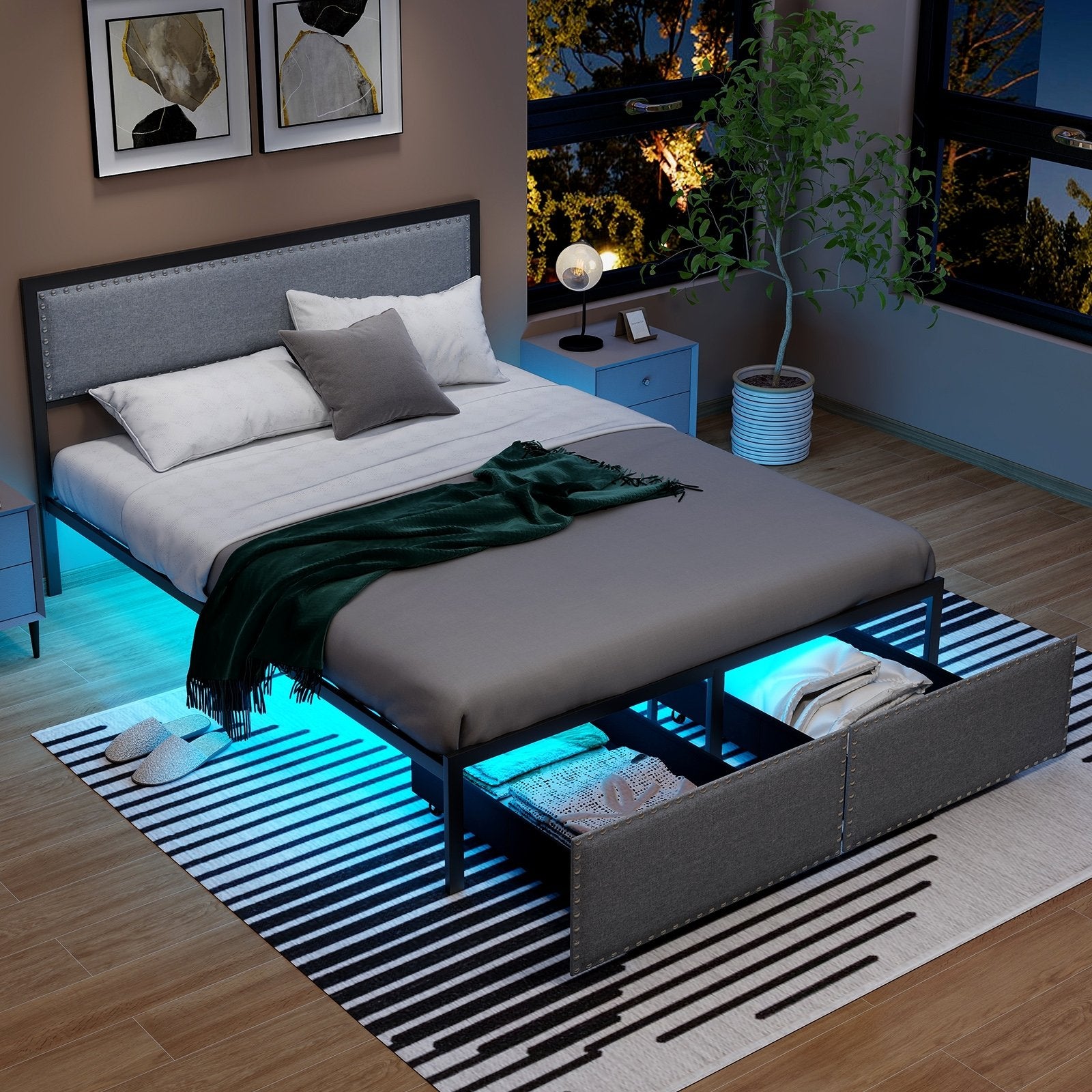 Full/Queen/Twin Size Bed Frame with LED Lights Drawer and Metal Slats-Queen Size, Gray Simple Bed Frame   at Gallery Canada