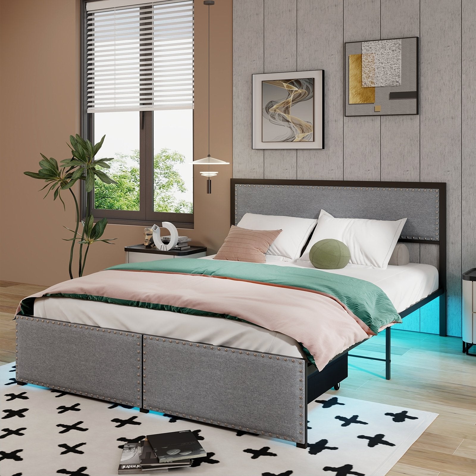 Full/Queen/Twin Size Bed Frame with LED Lights Drawer and Metal Slats-Queen Size, Gray Simple Bed Frame   at Gallery Canada