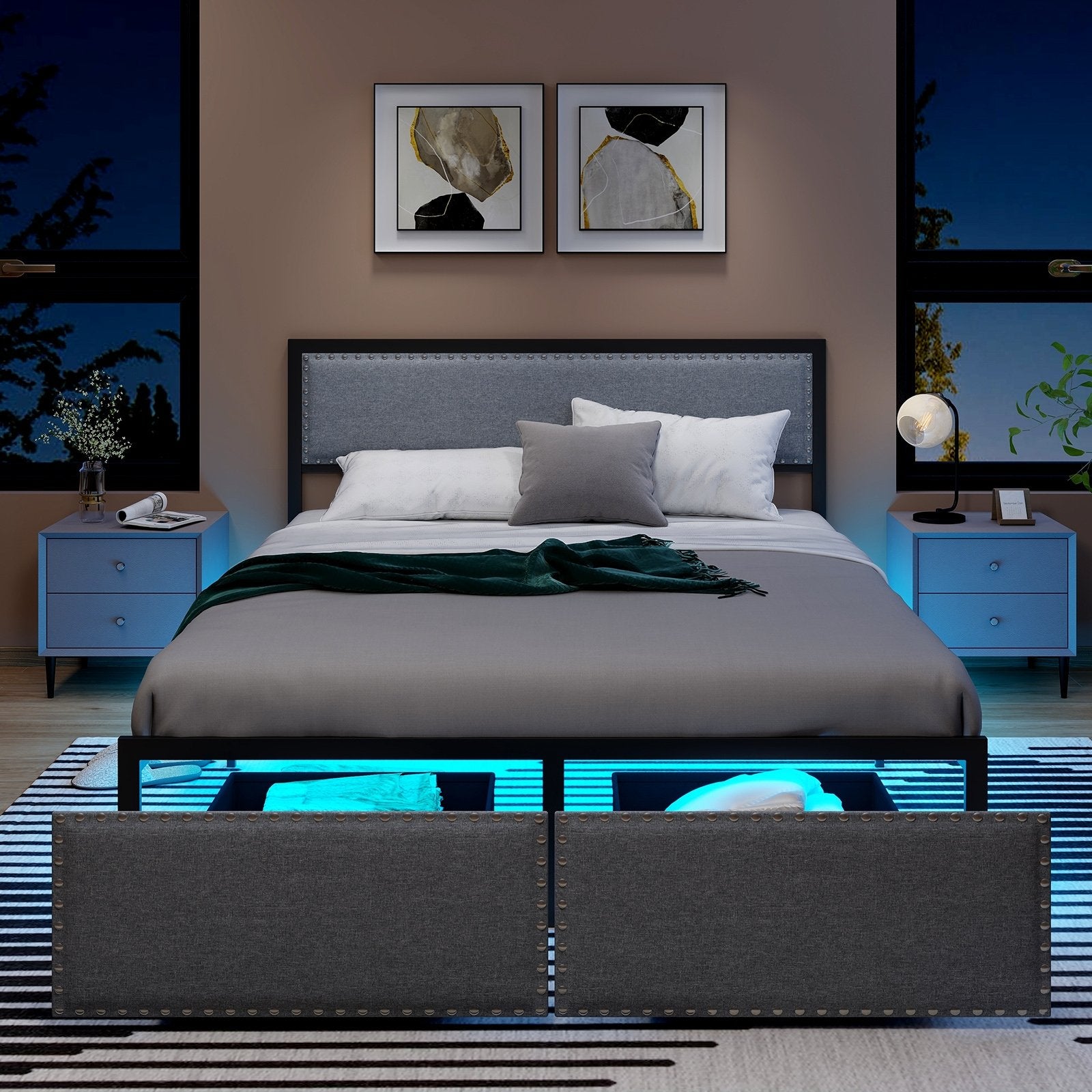 Full/Queen/Twin Size Bed Frame with LED Lights Drawer and Metal Slats-Queen Size, Gray Simple Bed Frame   at Gallery Canada