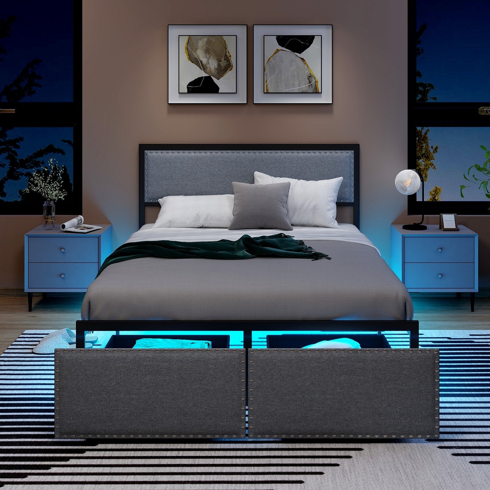 Full/Queen/Twin Size Bed Frame with LED Lights Drawer and Metal Slats-Full Size, Gray Simple Bed Frame   at Gallery Canada