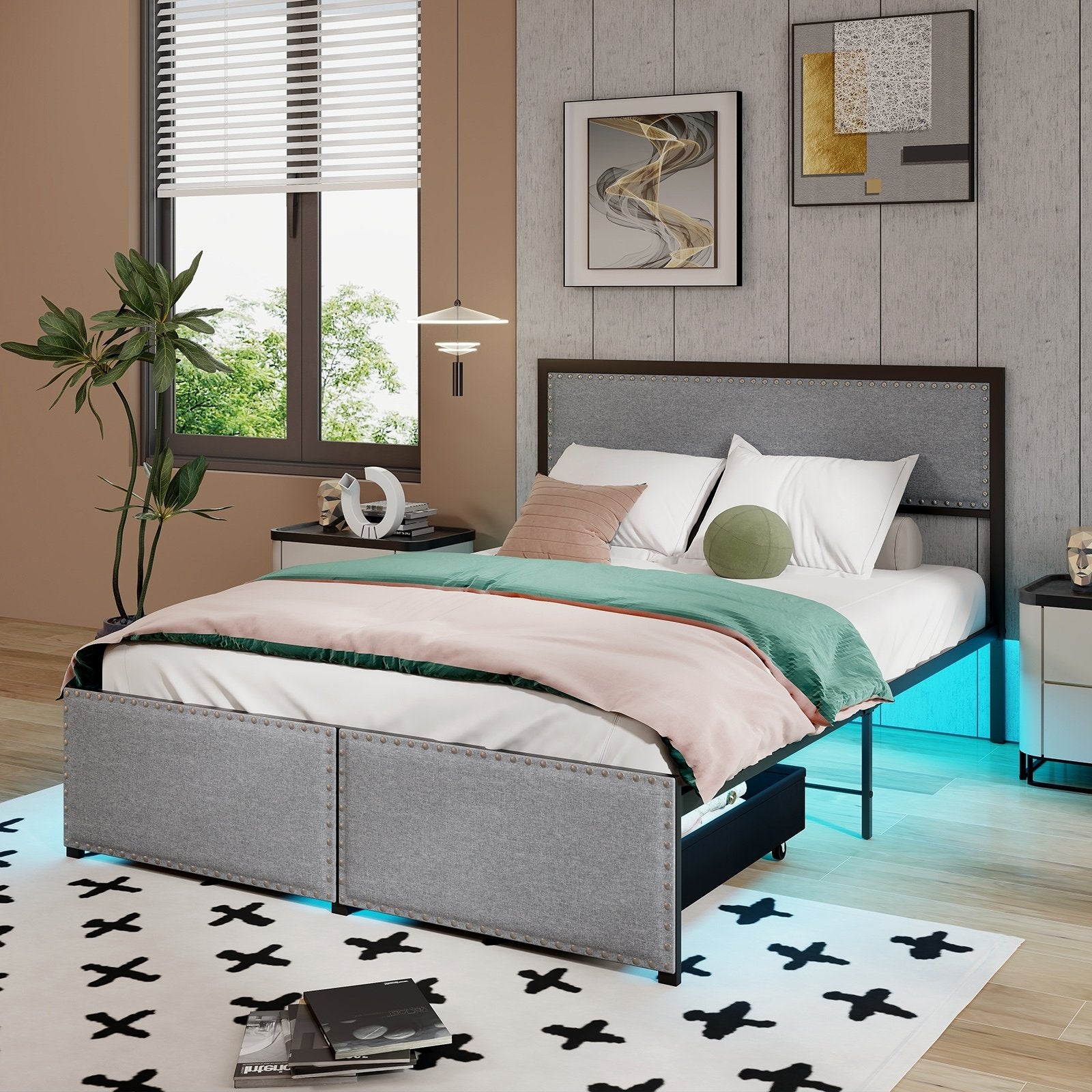 Full/Queen/Twin Size Bed Frame with LED Lights Drawer and Metal Slats-Full Size, Gray Simple Bed Frame   at Gallery Canada