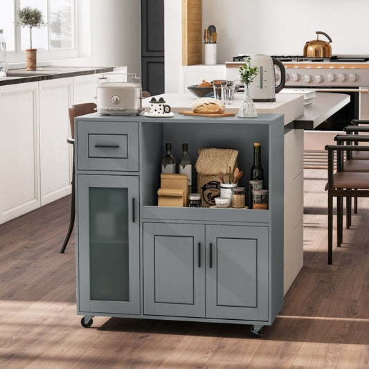Rolling Kitchen Island with Wheels Drawer and Glass Door Cabinet, Gray - Gallery Canada