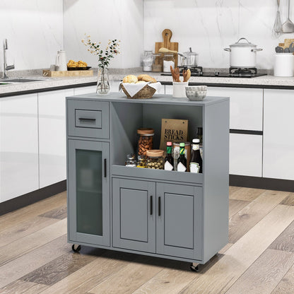 Rolling Kitchen Island with Wheels Drawer and Glass Door Cabinet, Gray Sideboards Cabinets & Buffets   at Gallery Canada