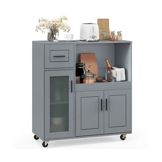 Rolling Kitchen Island with Wheels Drawer and Glass Door Cabinet, Gray - Gallery Canada