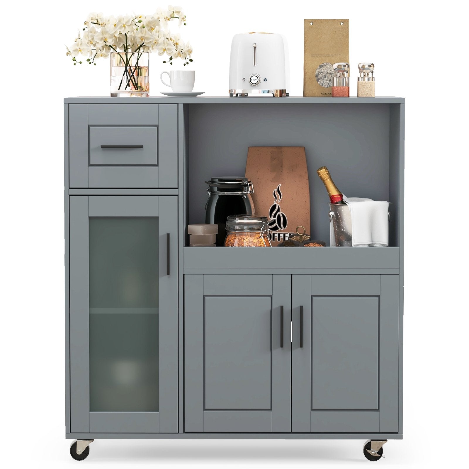 Rolling Kitchen Island with Wheels Drawer and Glass Door Cabinet, Gray Sideboards Cabinets & Buffets   at Gallery Canada