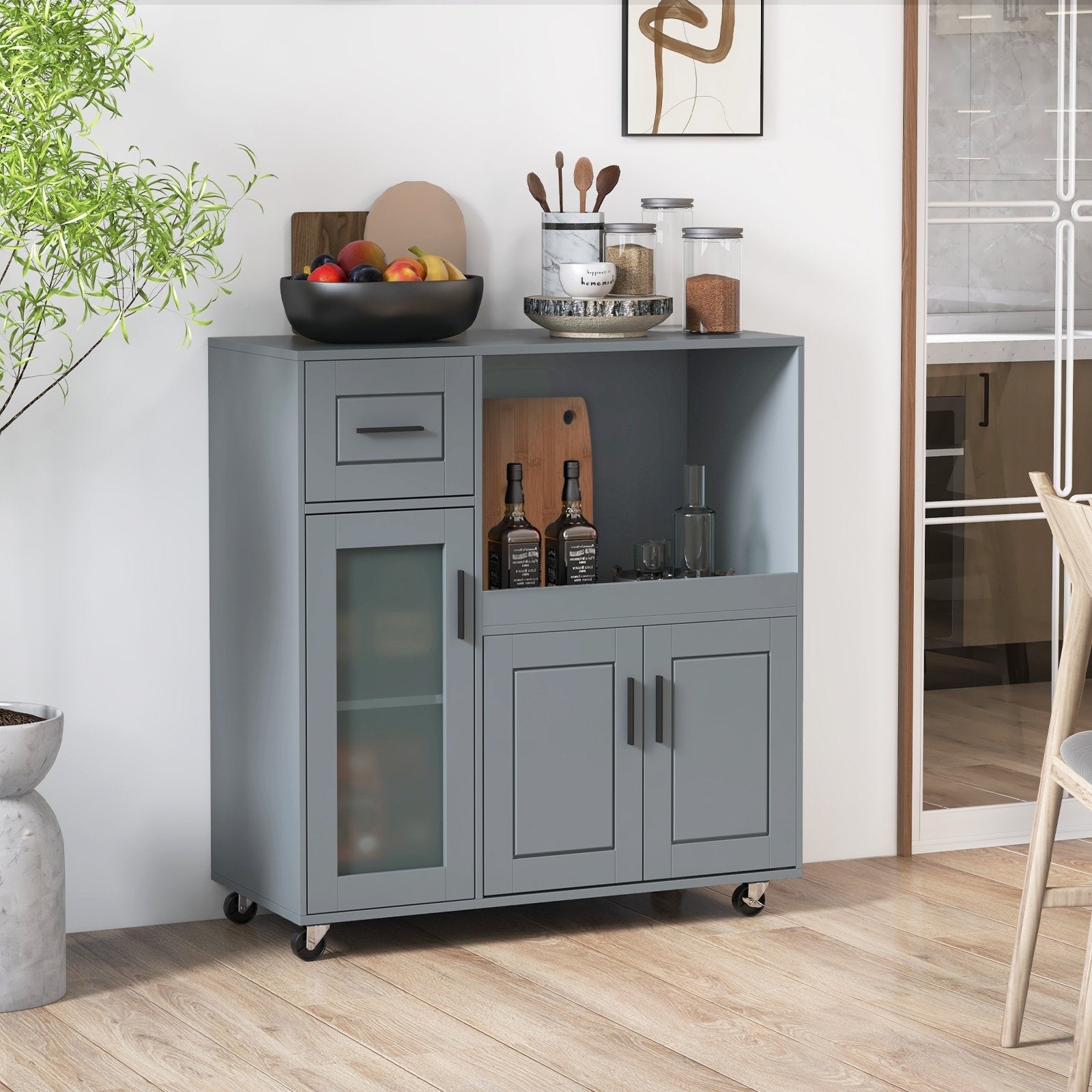 Rolling Kitchen Island with Wheels Drawer and Glass Door Cabinet, Gray Sideboards Cabinets & Buffets   at Gallery Canada