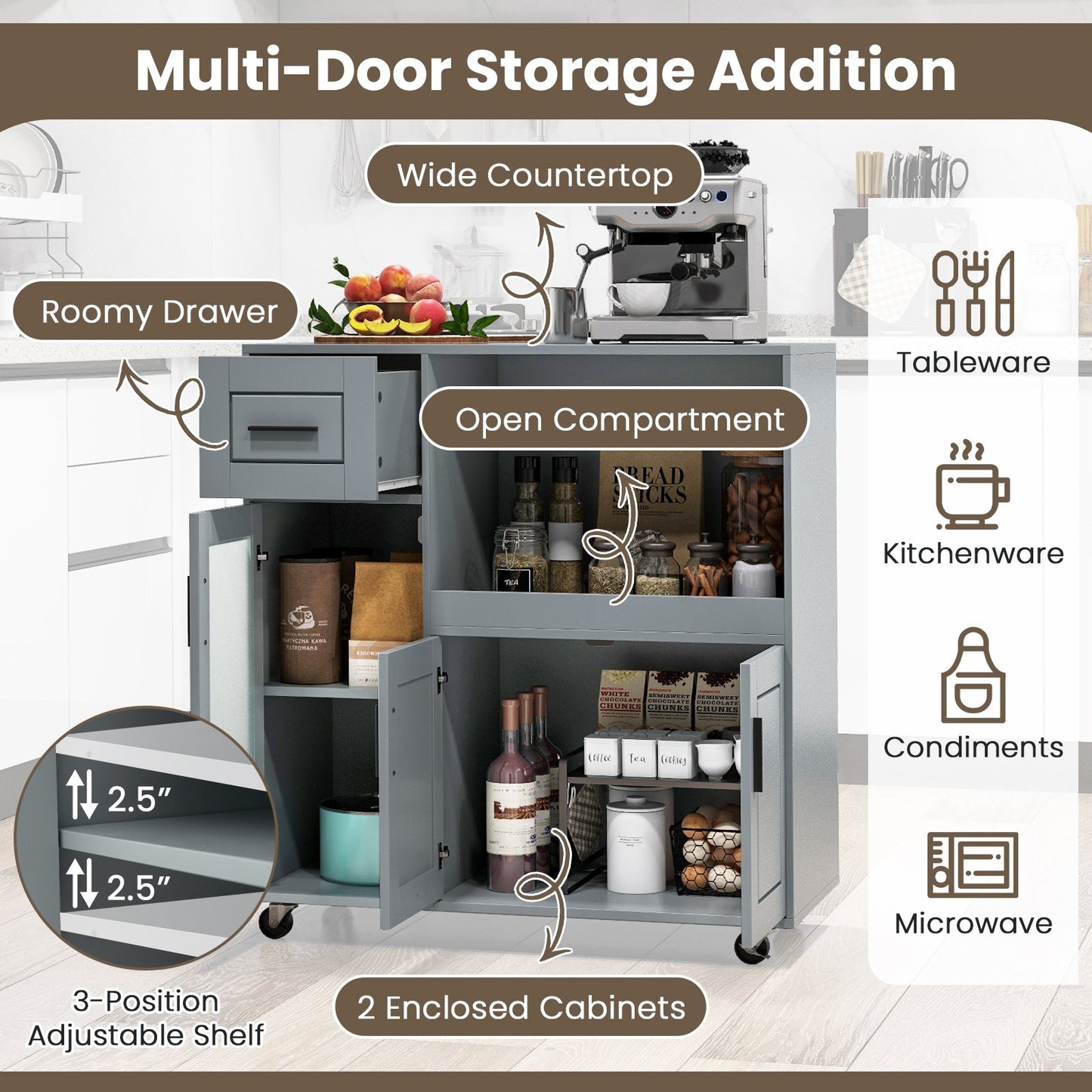 Rolling Kitchen Island with Wheels Drawer and Glass Door Cabinet, Gray Sideboards Cabinets & Buffets   at Gallery Canada