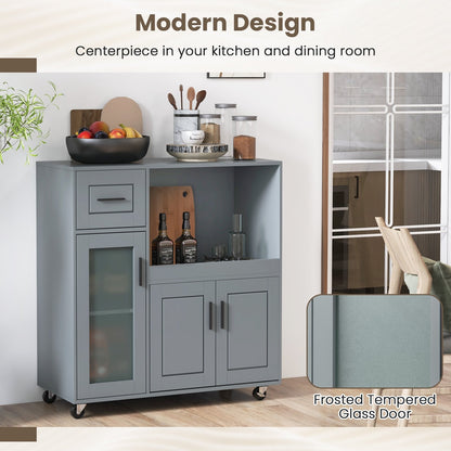 Rolling Kitchen Island with Wheels Drawer and Glass Door Cabinet, Gray Sideboards Cabinets & Buffets   at Gallery Canada