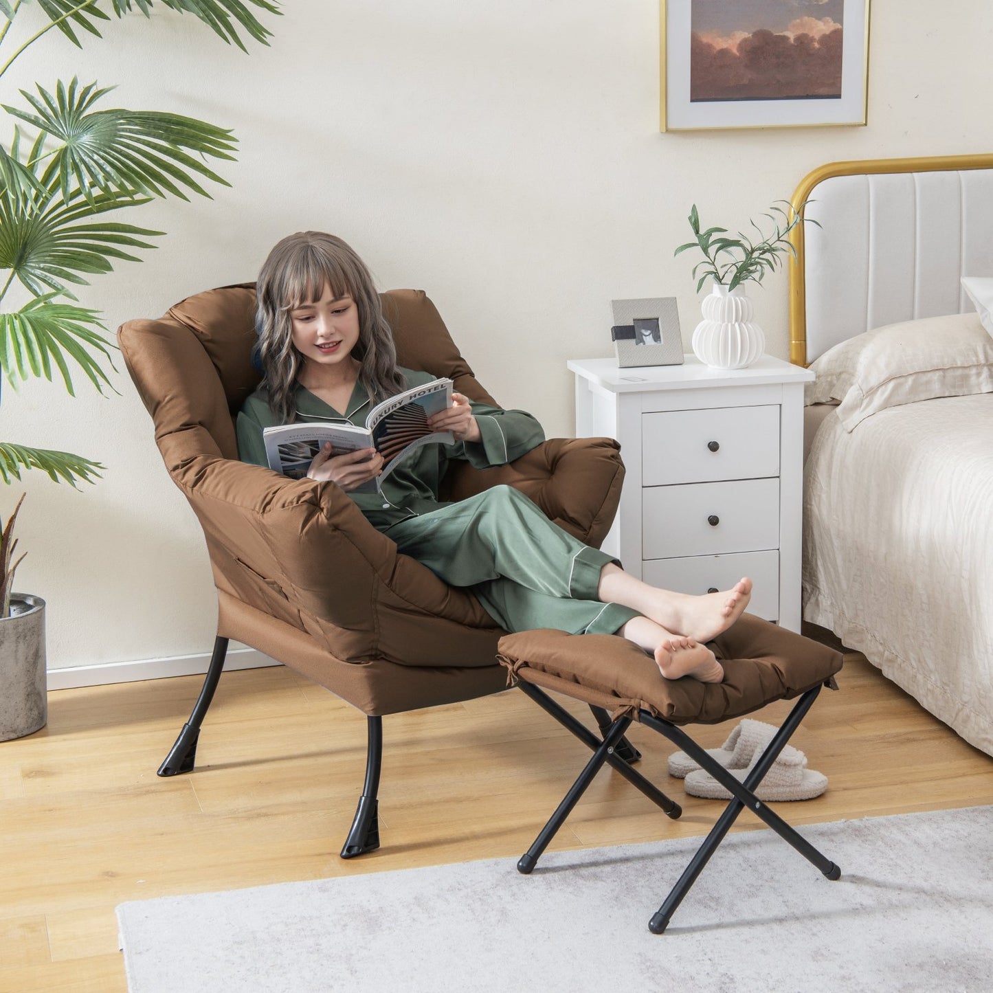 Modern Accent Sofa Chair with Folding Footrest and Side Pocket, Brown Accent Chairs   at Gallery Canada