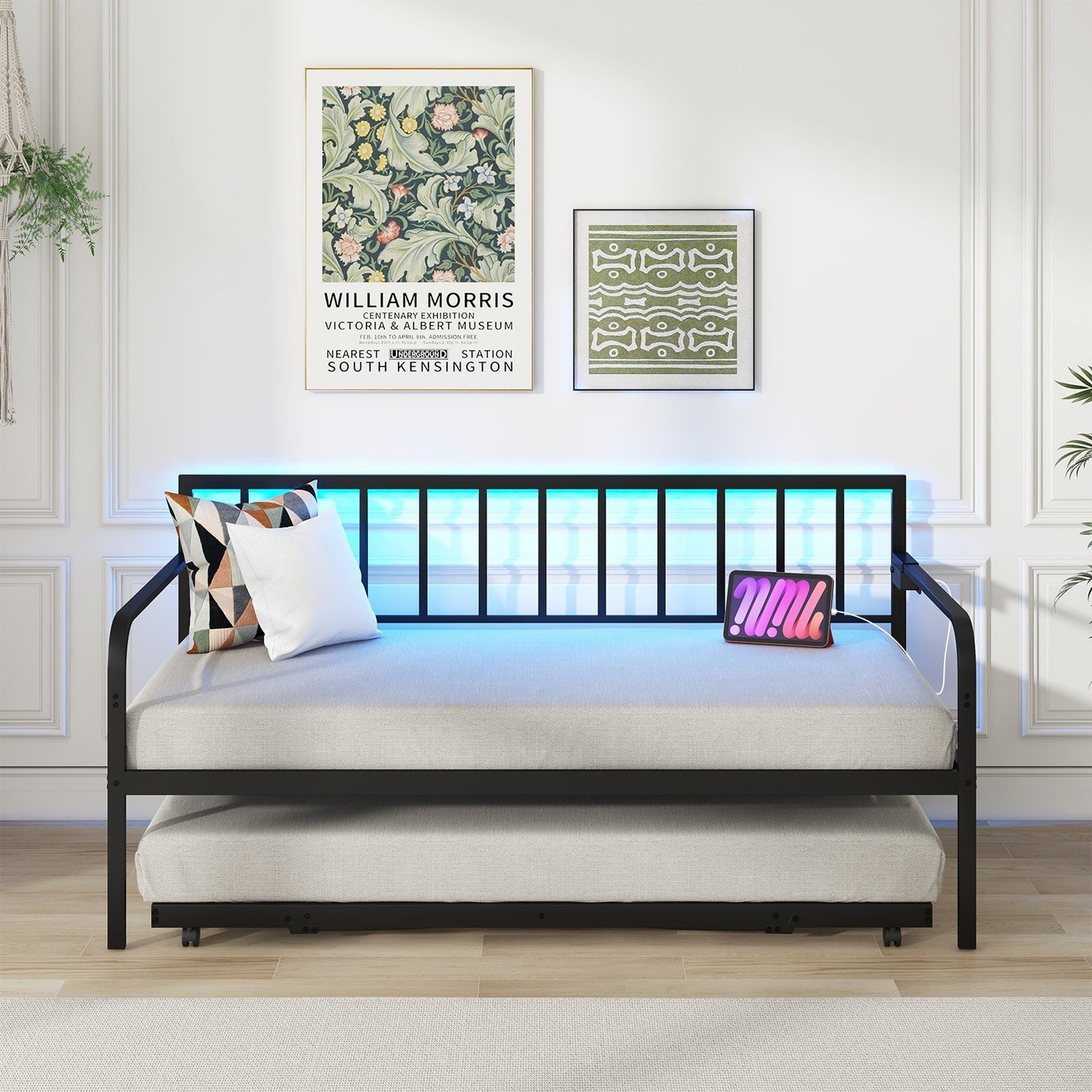 Twin Daybed with Charging Station and LED Lights, Black Trundle Bed Frame   at Gallery Canada