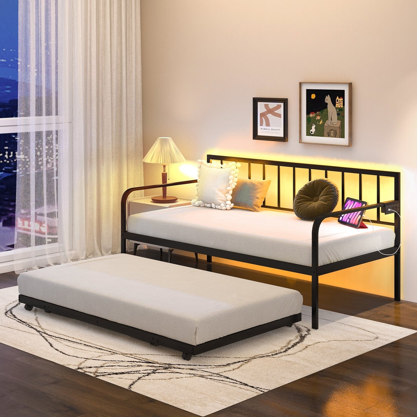 Twin Daybed with Charging Station and LED Lights, Black Trundle Bed Frame   at Gallery Canada