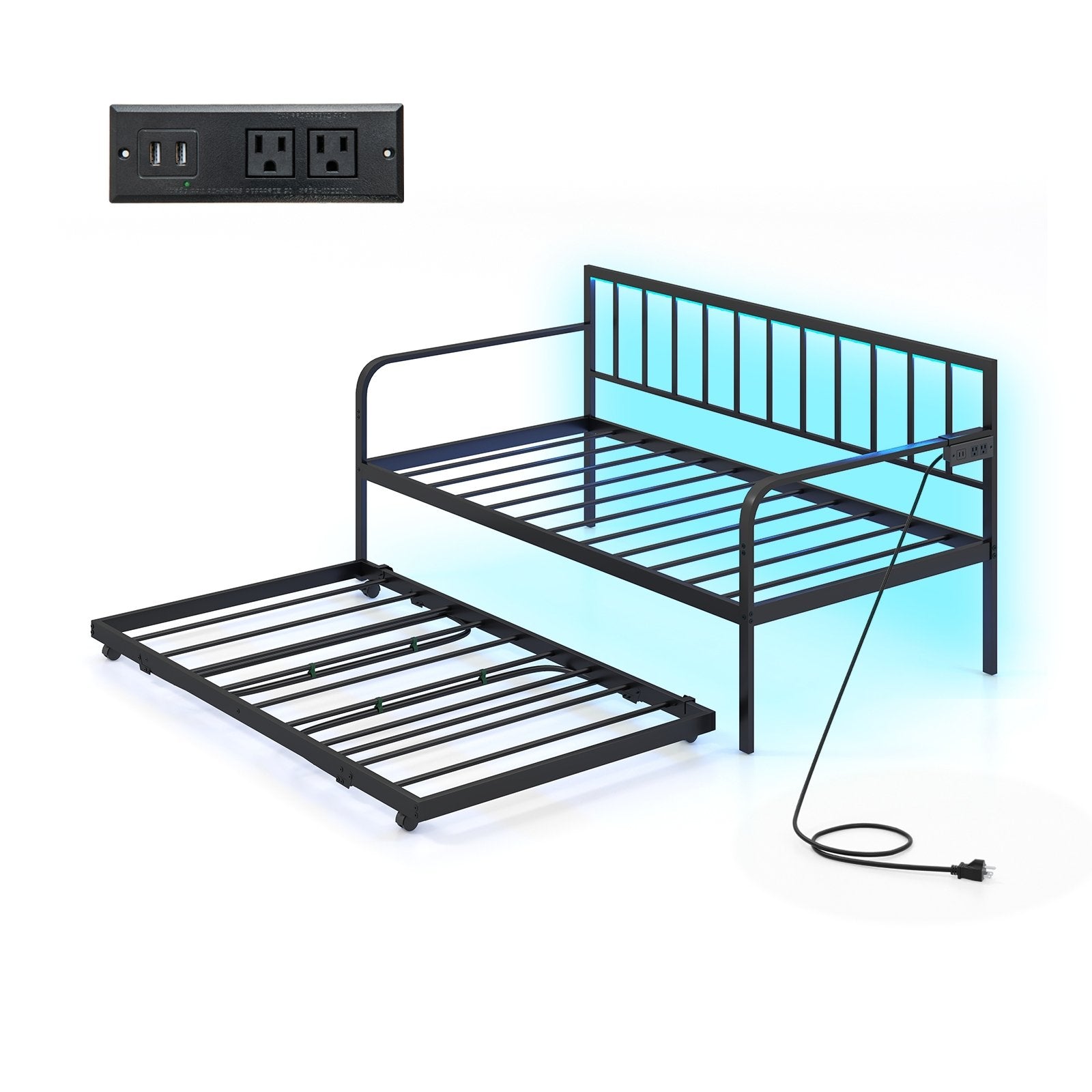 Twin Daybed with Charging Station and LED Lights, Black Trundle Bed Frame   at Gallery Canada