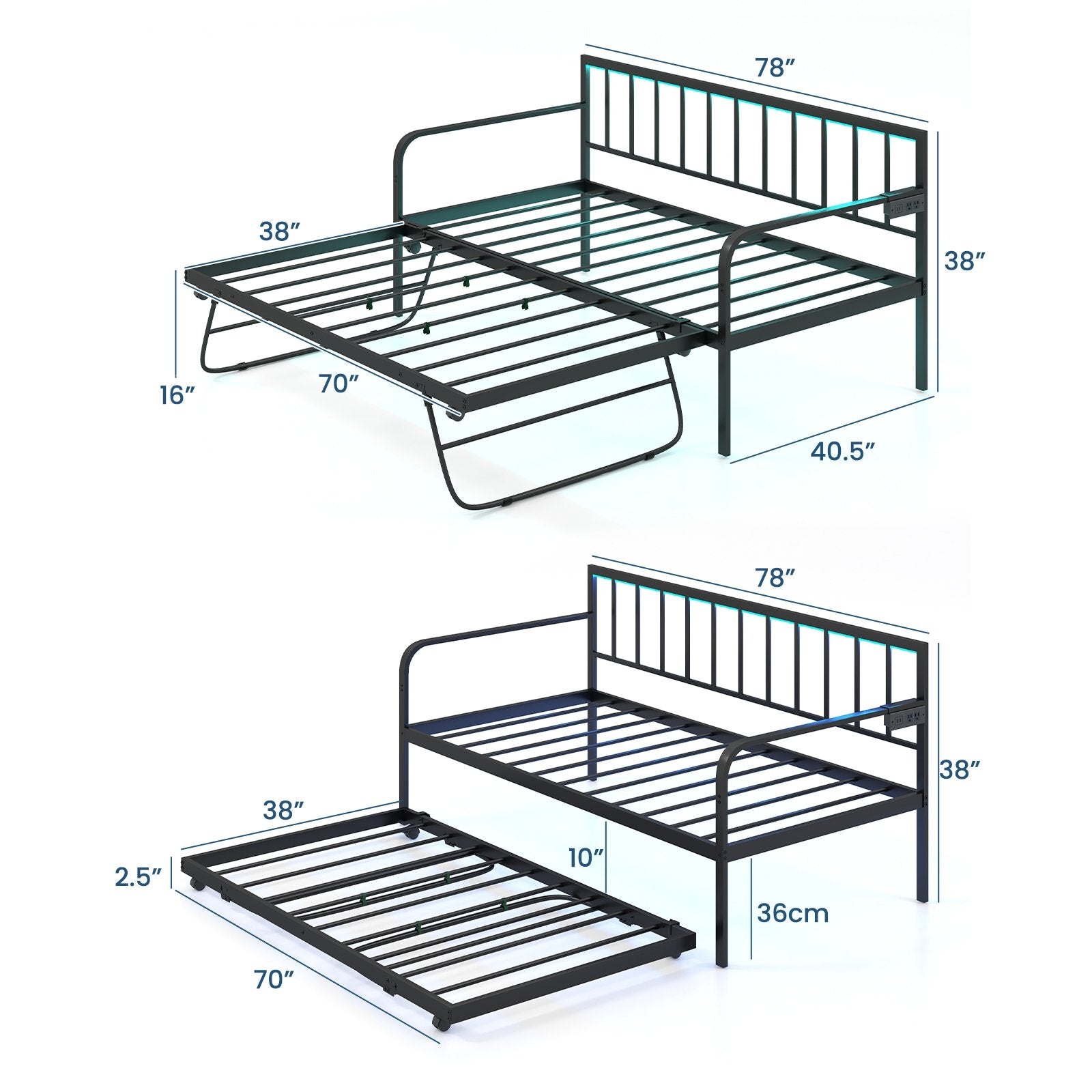 Twin Daybed with Charging Station and LED Lights, Black Trundle Bed Frame   at Gallery Canada