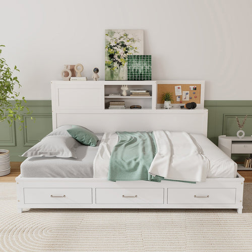 Twin/Full Size Wooden Daybed with 3 Drawers with Storage Shelves-Twin Size, White