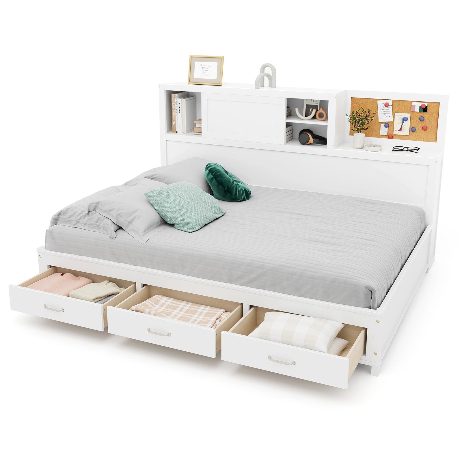 Twin/Full Size Wooden Daybed with 3 Drawers with Storage Shelves-Twin Size, White Bunk Bed Frame   at Gallery Canada