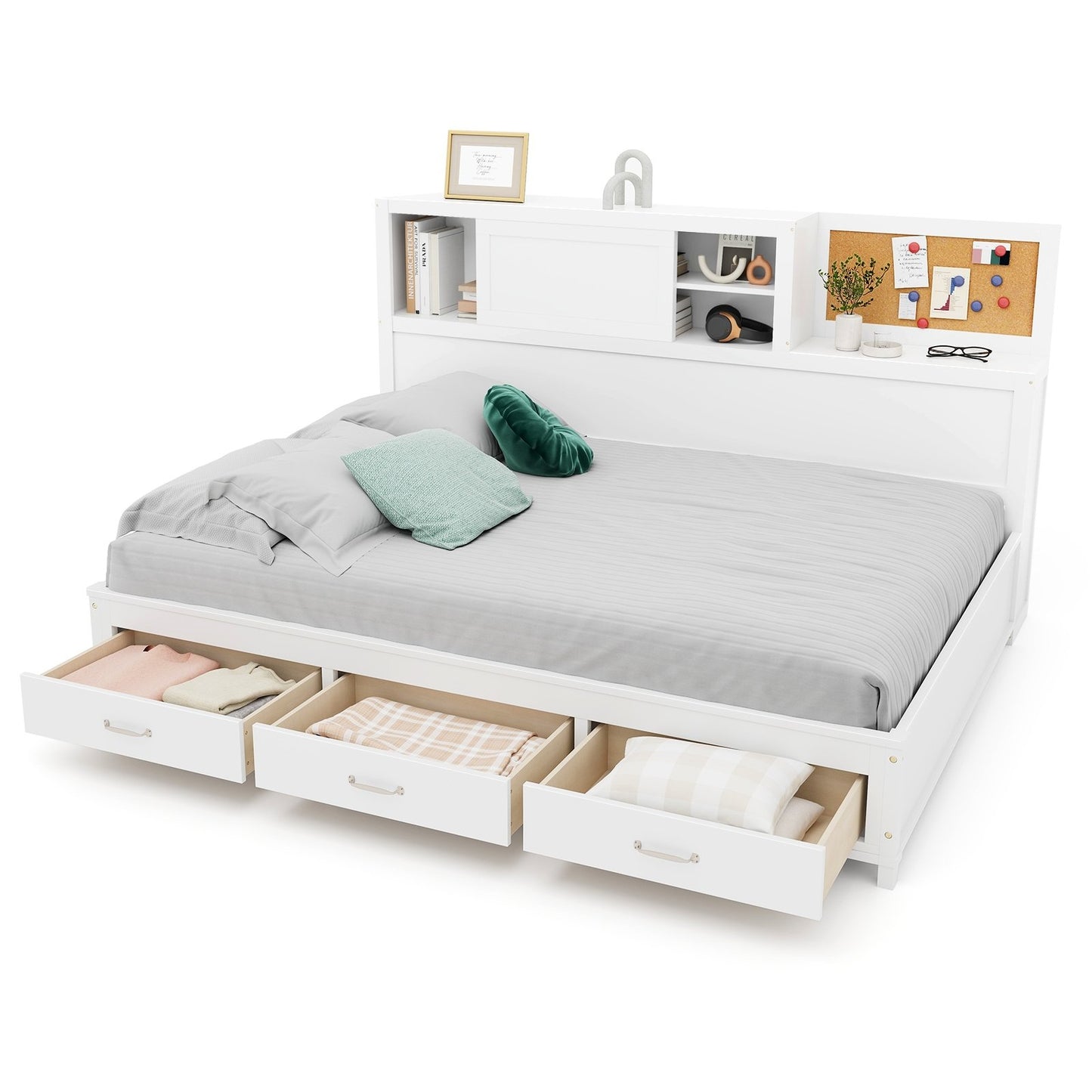 Twin/Full Size Wooden Daybed with 3 Drawers with Storage Shelves-Twin Size, White Bunk Bed Frame   at Gallery Canada