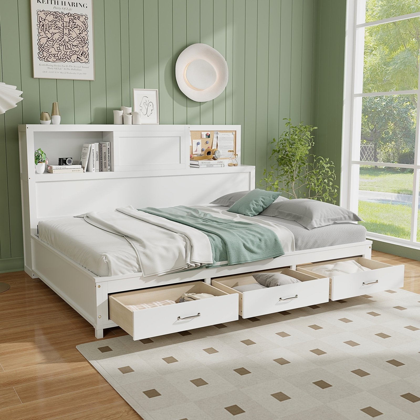 Twin/Full Size Wooden Daybed with 3 Drawers with Storage Shelves-Twin Size, White Bunk Bed Frame   at Gallery Canada