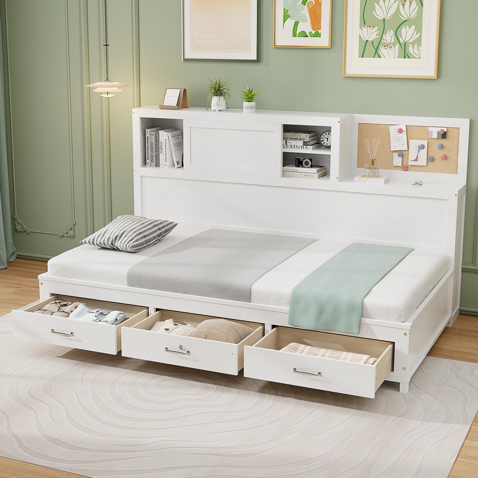 Twin/Full Size Wooden Daybed with 3 Drawers with Storage Shelves-Full Size, White Bunk Bed Frame   at Gallery Canada