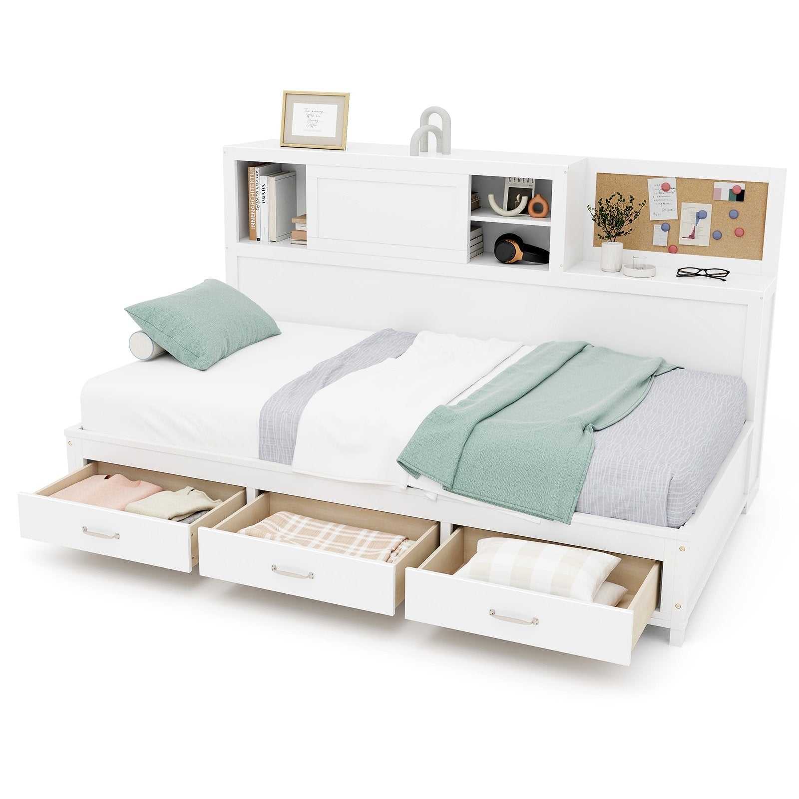 Twin/Full Size Wooden Daybed with 3 Drawers with Storage Shelves-Full Size, White Bunk Bed Frame   at Gallery Canada