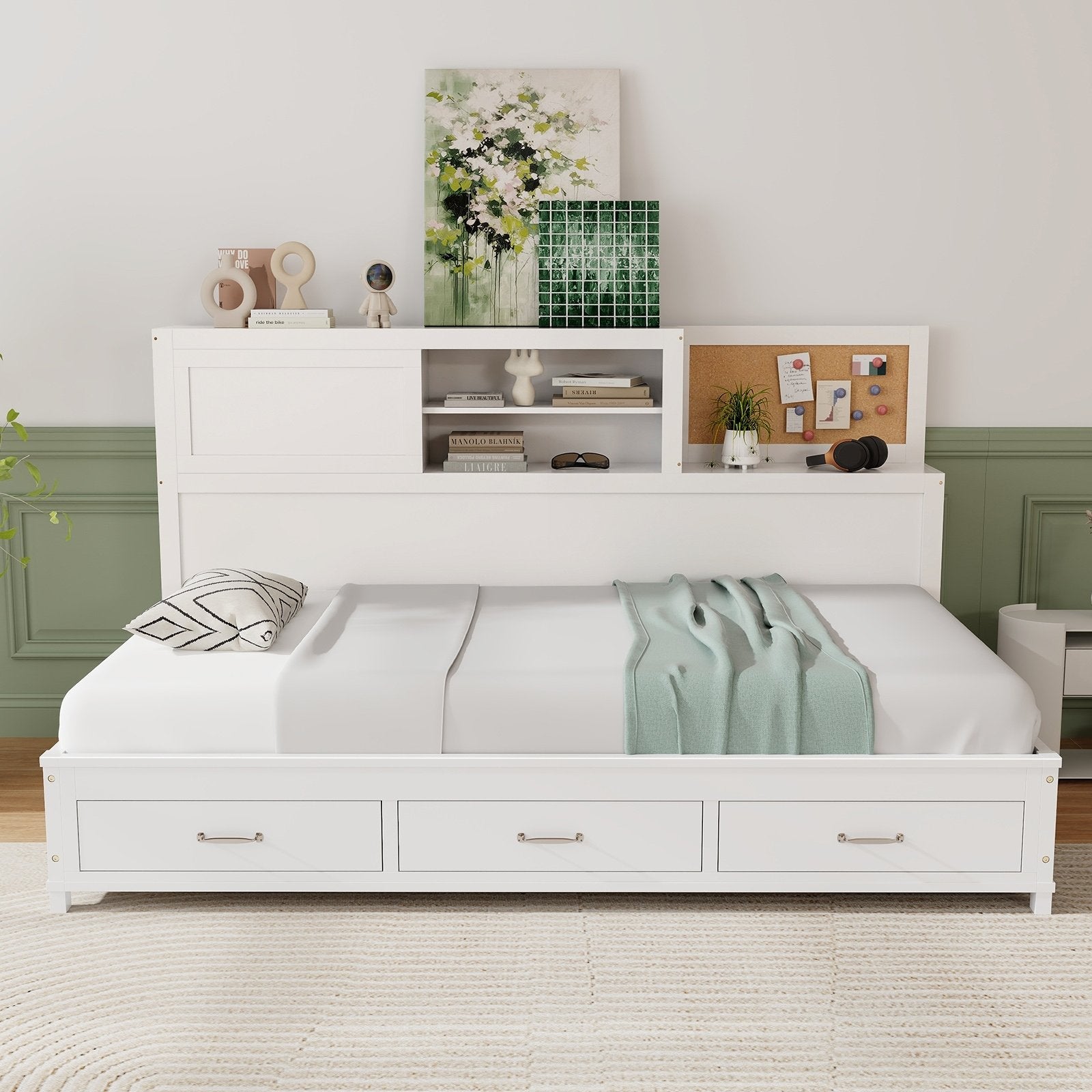 Twin/Full Size Wooden Daybed with 3 Drawers with Storage Shelves-Full Size, White Bunk Bed Frame   at Gallery Canada