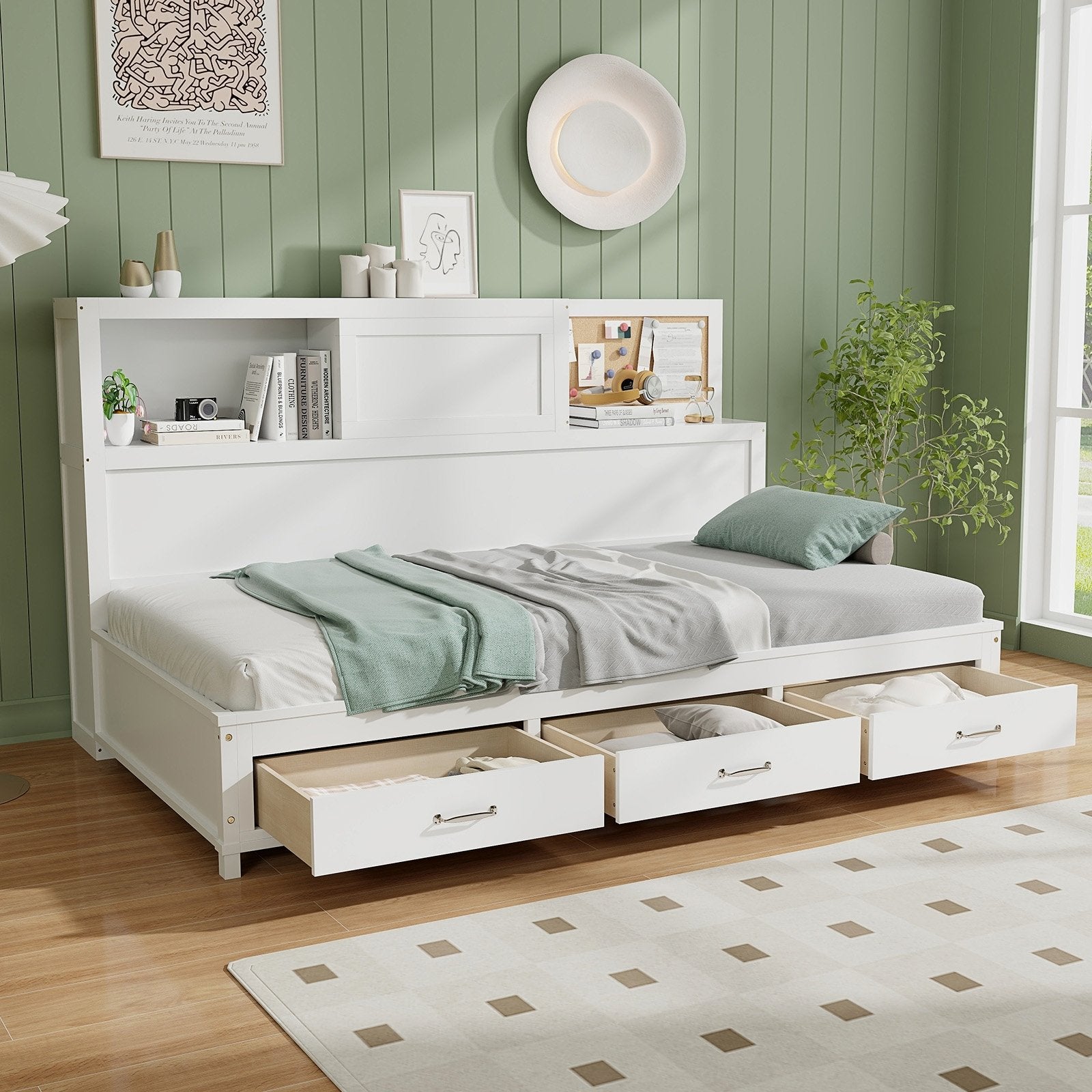 Twin/Full Size Wooden Daybed with 3 Drawers with Storage Shelves-Full Size, White Bunk Bed Frame   at Gallery Canada