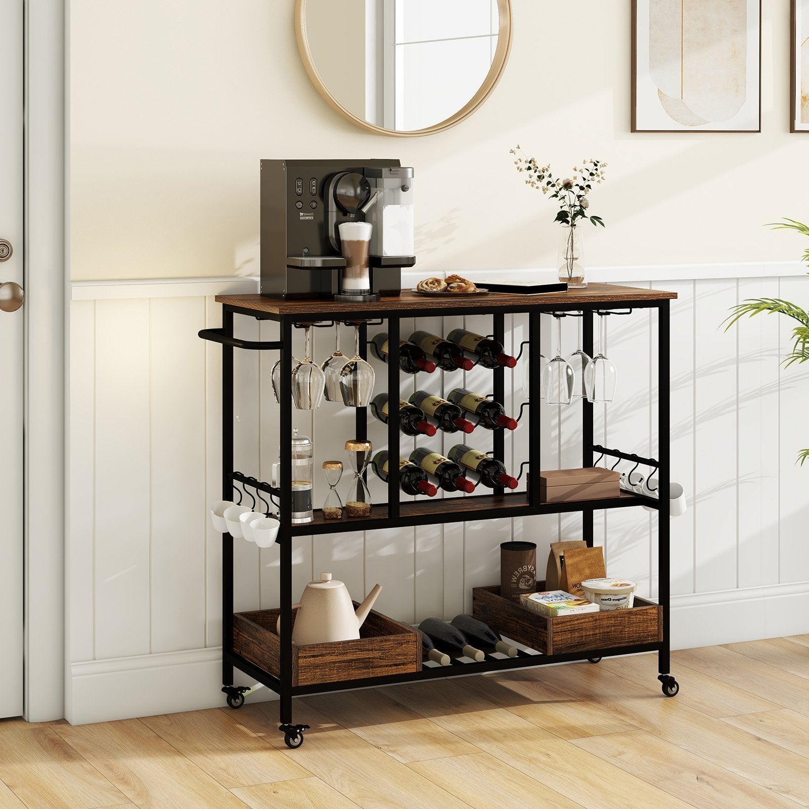 3 Tiers Bar Cart on Wheels with Glass Racks, Rustic Brown Baker's Racks   at Gallery Canada