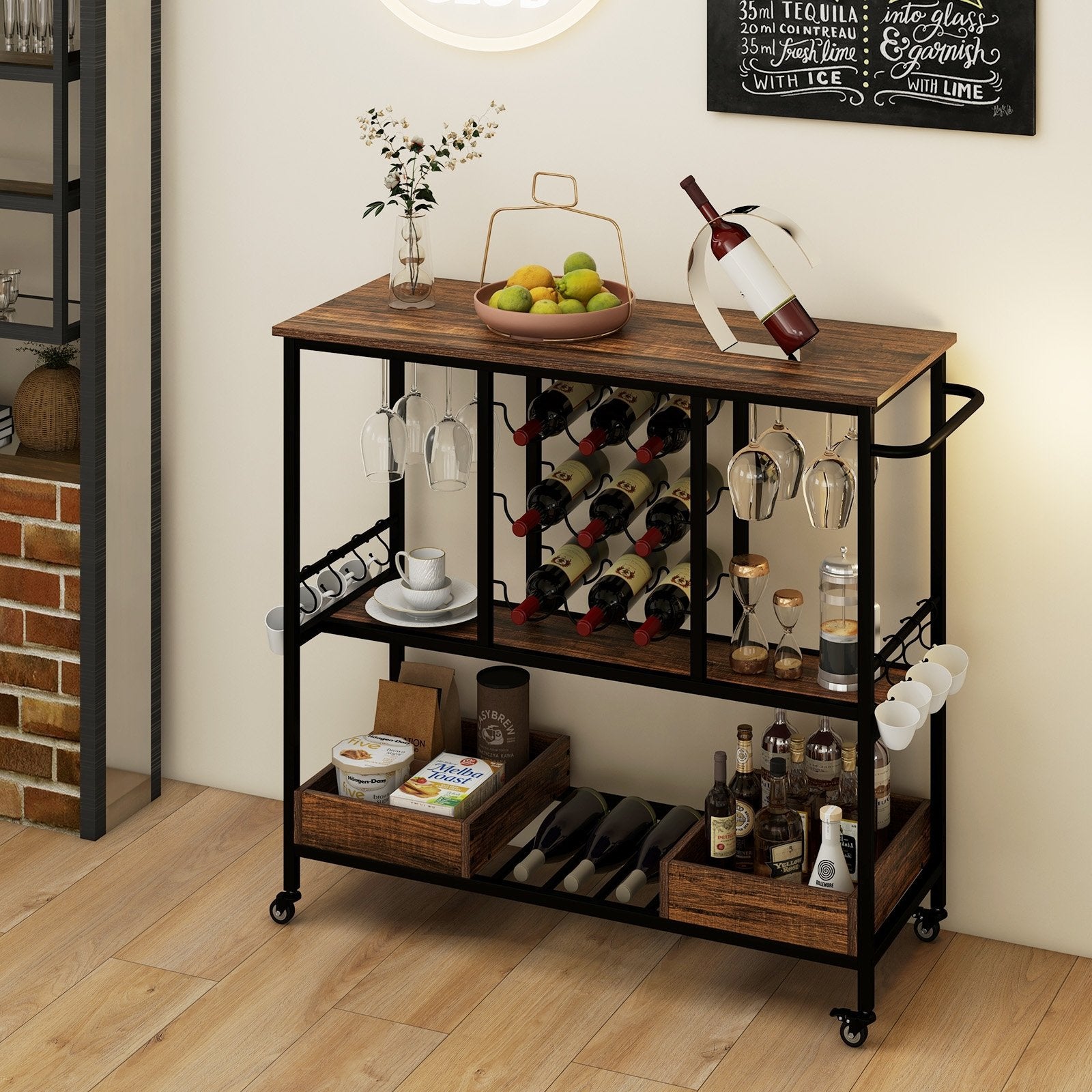 3 Tiers Bar Cart on Wheels with Glass Racks, Rustic Brown Baker's Racks   at Gallery Canada