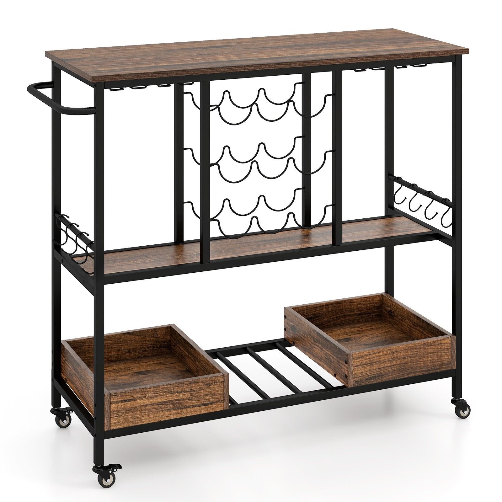 3 Tiers Bar Cart on Wheels with Glass Racks, Rustic Brown Baker's Racks   at Gallery Canada