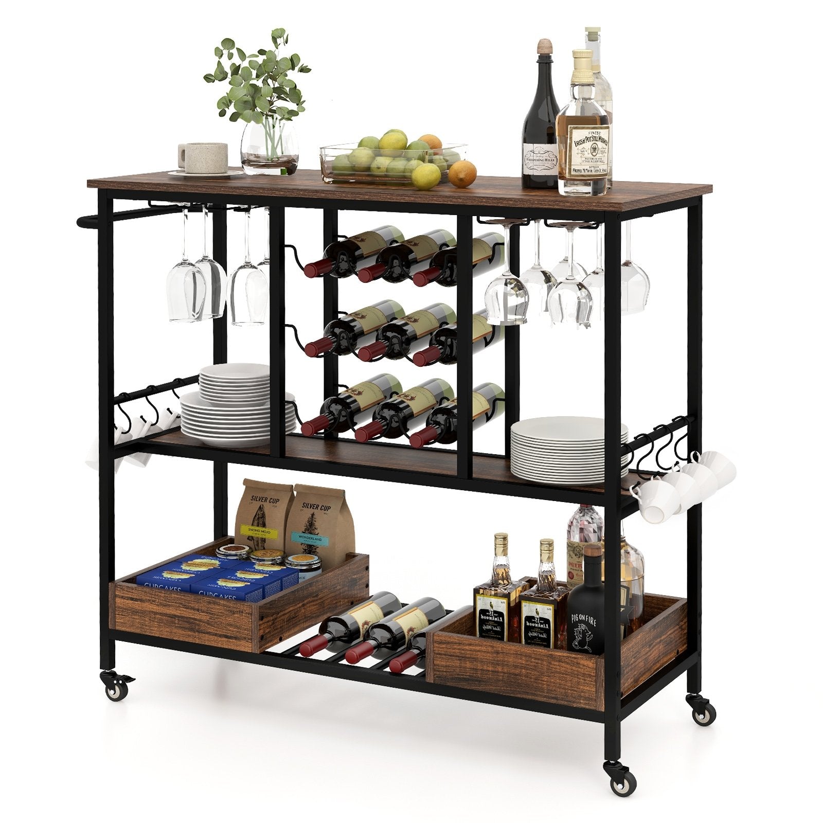 3 Tiers Bar Cart on Wheels with Glass Racks, Rustic Brown Baker's Racks   at Gallery Canada