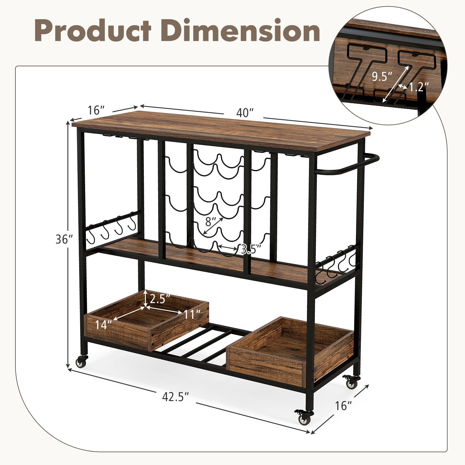 3 Tiers Bar Cart on Wheels with Glass Racks, Rustic Brown Baker's Racks   at Gallery Canada