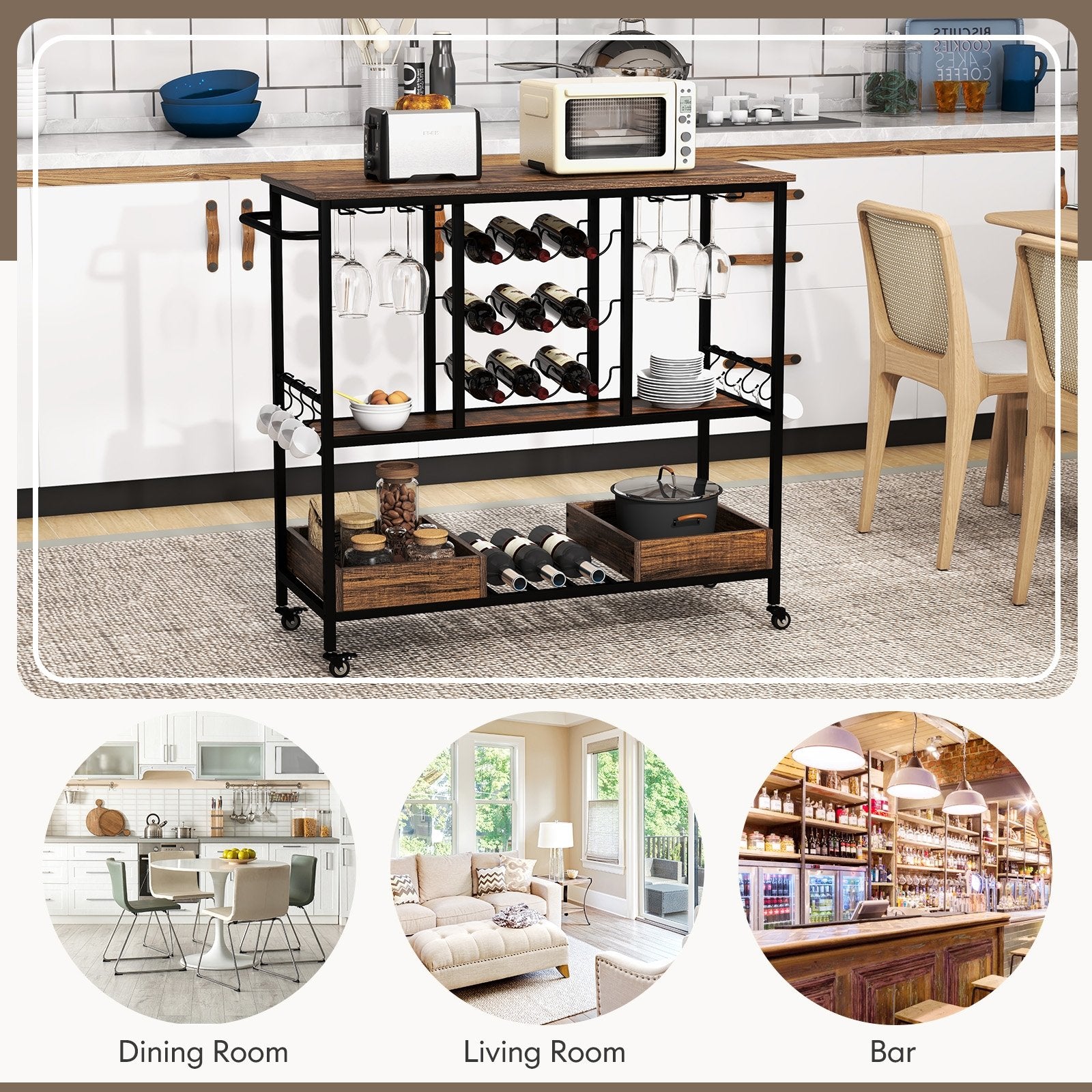 3 Tiers Bar Cart on Wheels with Glass Racks, Rustic Brown Baker's Racks   at Gallery Canada