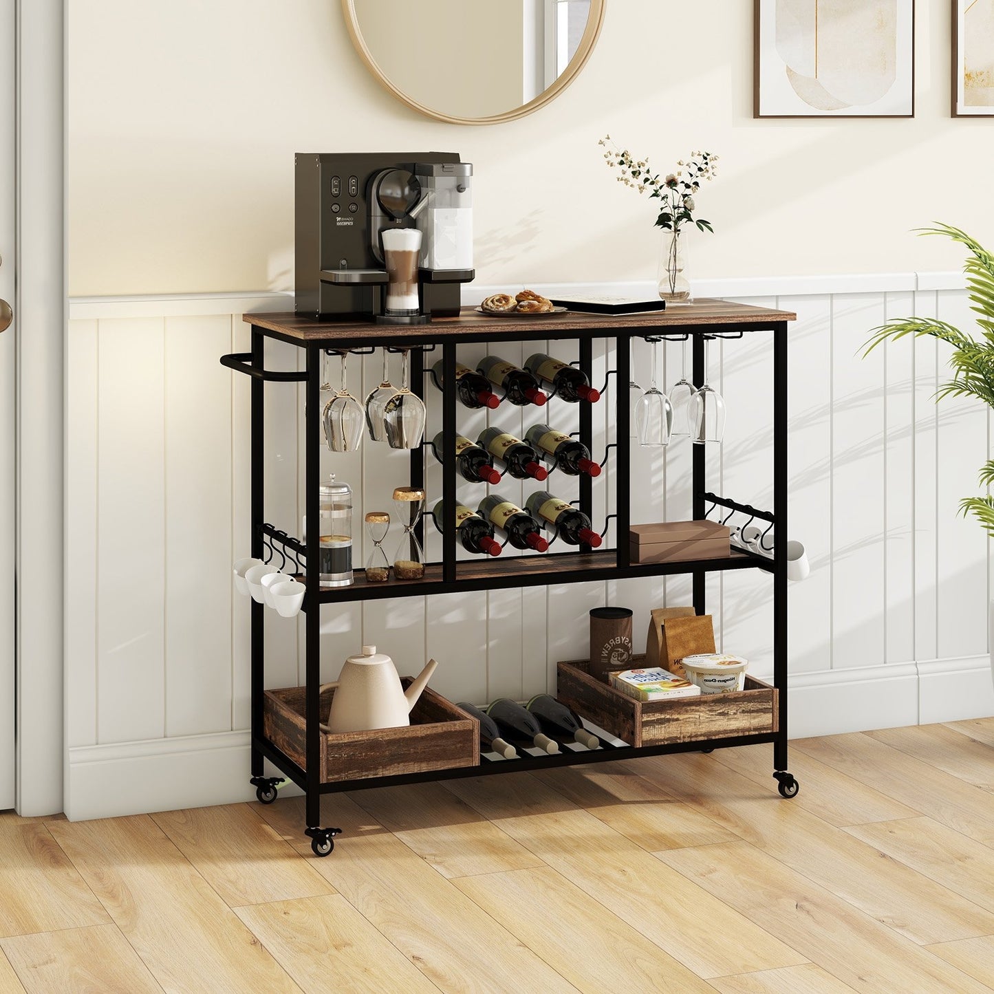 3 Tiers Bar Cart on Wheels with Glass Racks, Brown Baker's Racks   at Gallery Canada