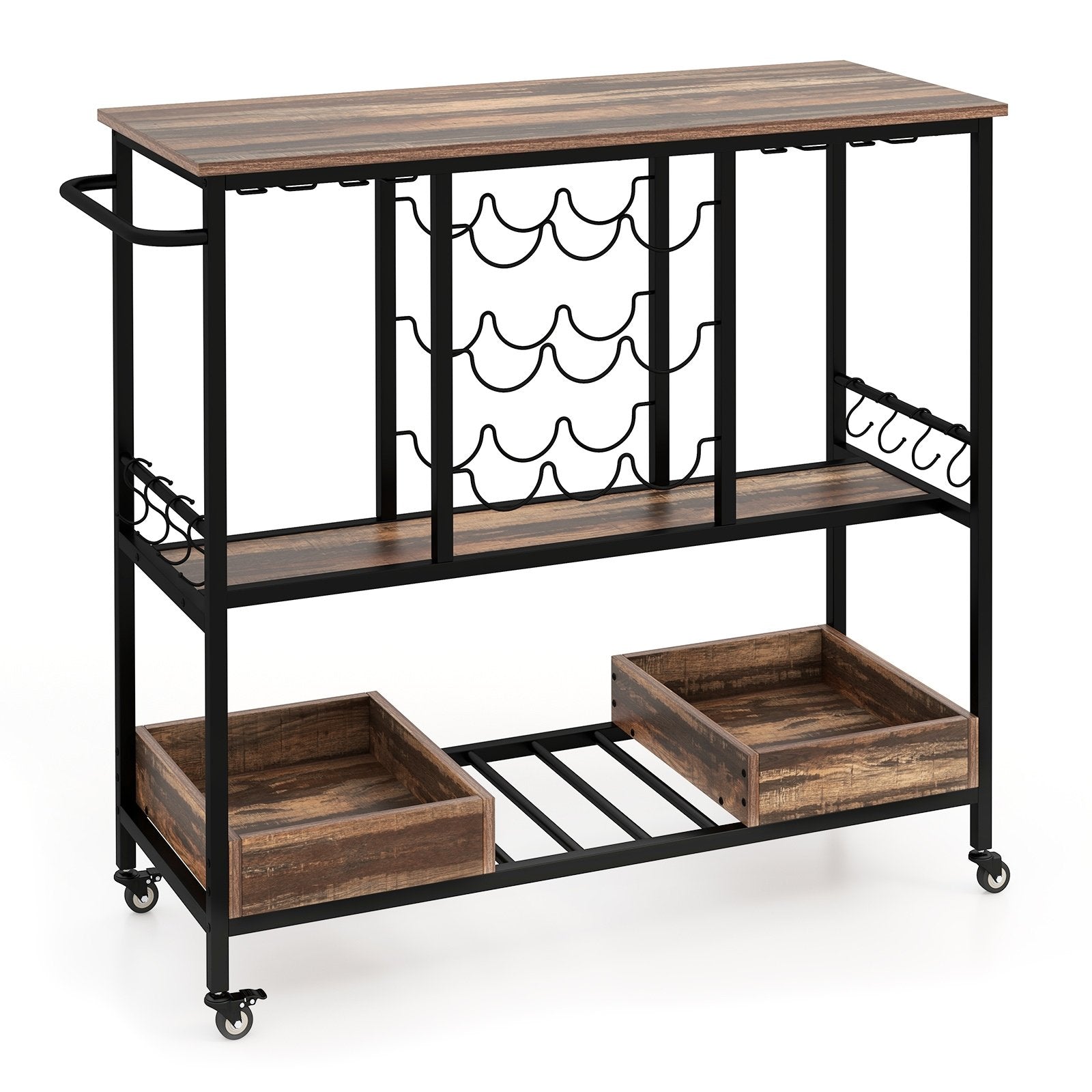 3 Tiers Bar Cart on Wheels with Glass Racks, Brown Baker's Racks   at Gallery Canada