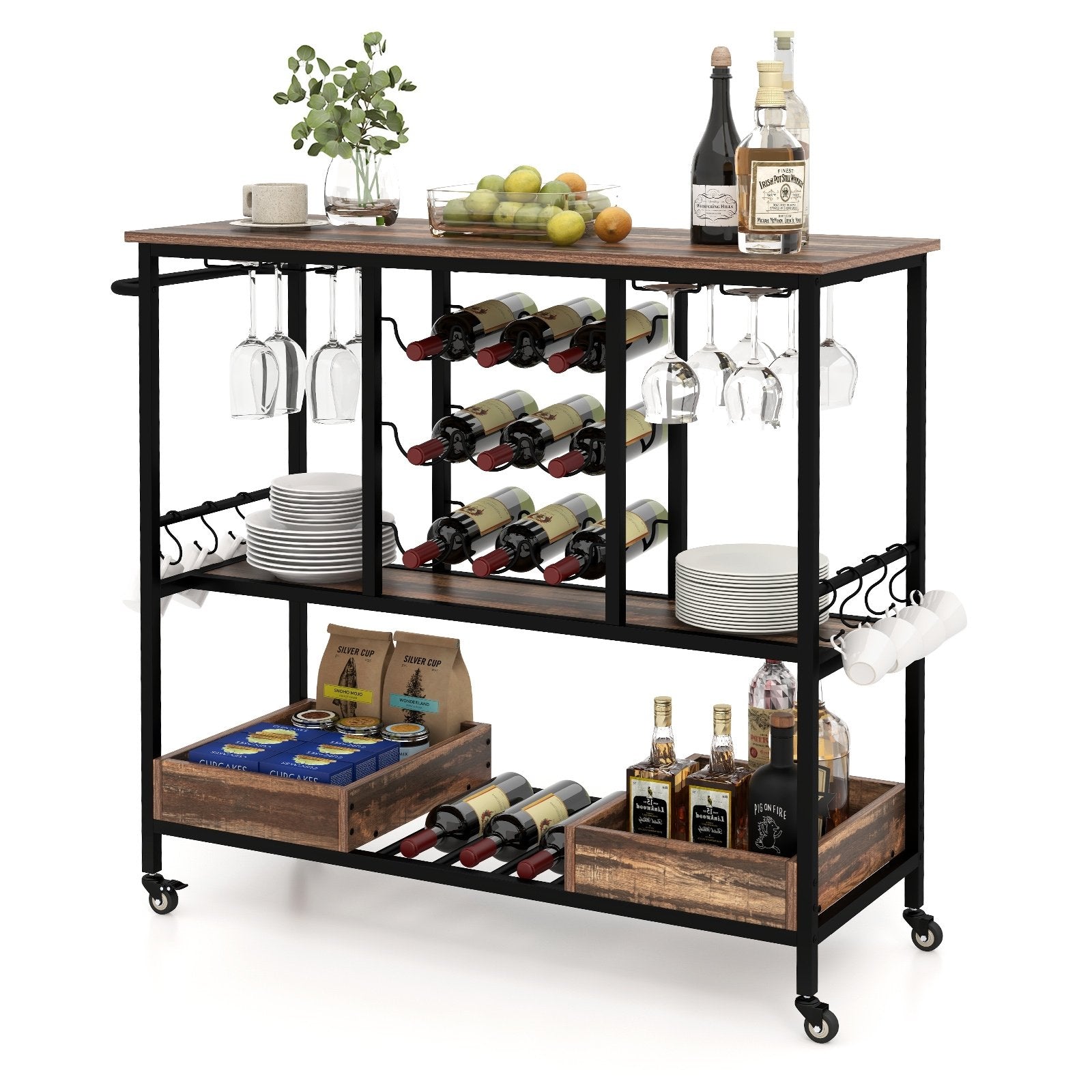 3 Tiers Bar Cart on Wheels with Glass Racks, Brown Baker's Racks   at Gallery Canada