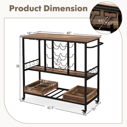 3 Tiers Bar Cart on Wheels with Glass Racks, Brown Baker's Racks   at Gallery Canada