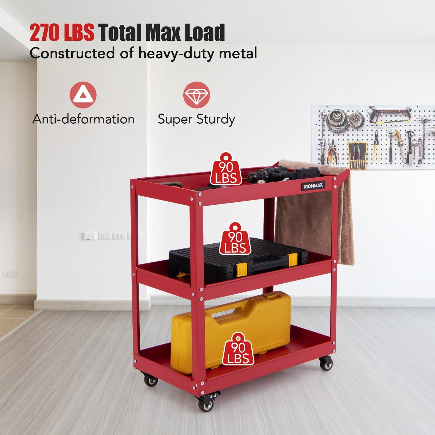 3-Tier Rolling Tool Cart with Spacious Shelves  4 Universal Wheels and 2 Brakes, Red Garages   at Gallery Canada