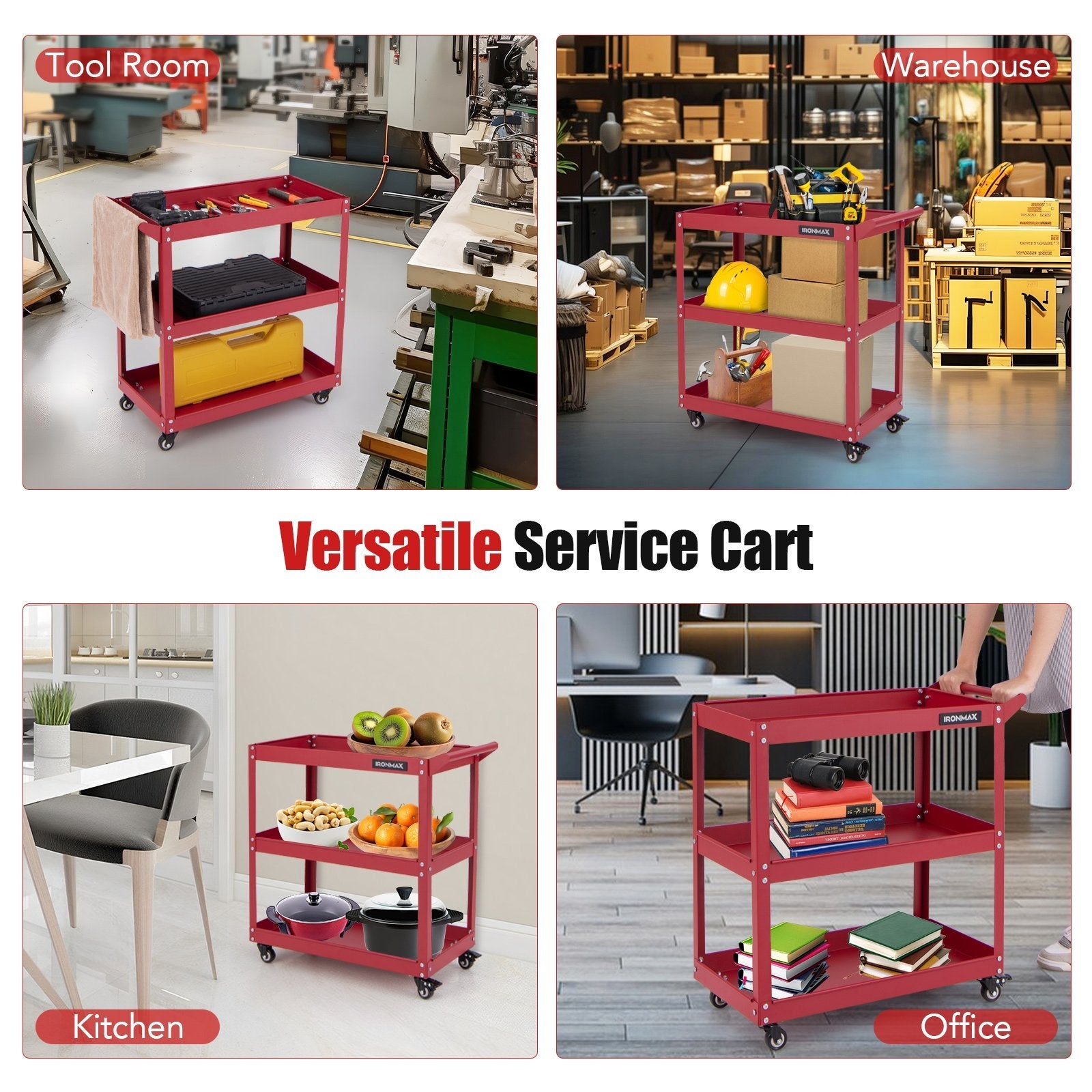 3-Tier Rolling Tool Cart with Spacious Shelves  4 Universal Wheels and 2 Brakes, Red Garages   at Gallery Canada