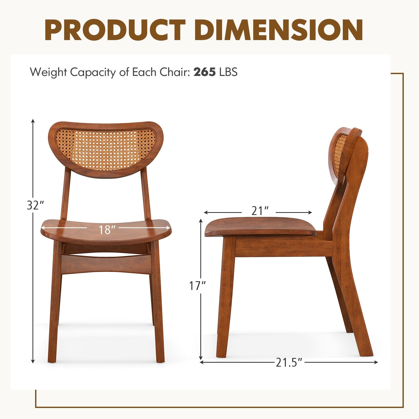 Wooden Dining Chair Set of 2 with Breathable Mesh Cane Backrest, Walnut Dining Chairs   at Gallery Canada