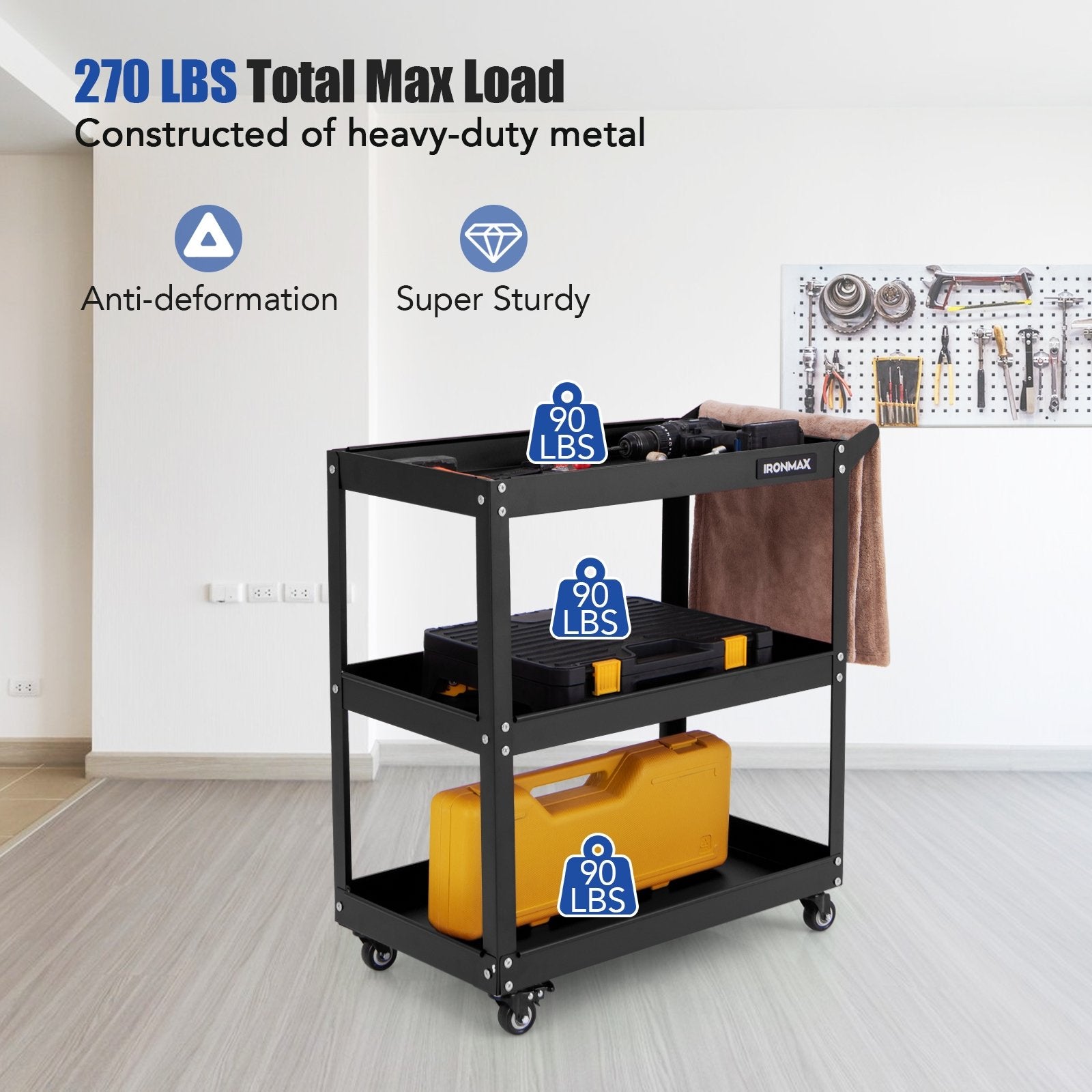 3-Tier Rolling Tool Cart with Spacious Shelves  4 Universal Wheels and 2 Brakes, Black Garages   at Gallery Canada