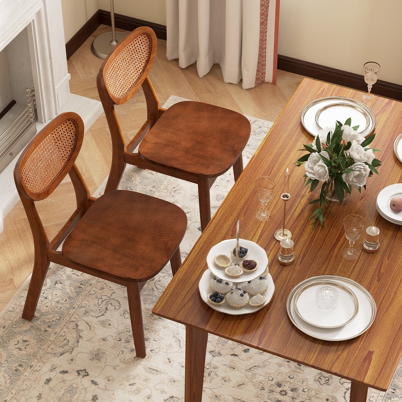 Wooden Dining Chair Set of 2 with Breathable Mesh Cane Backrest, Walnut Dining Chairs   at Gallery Canada