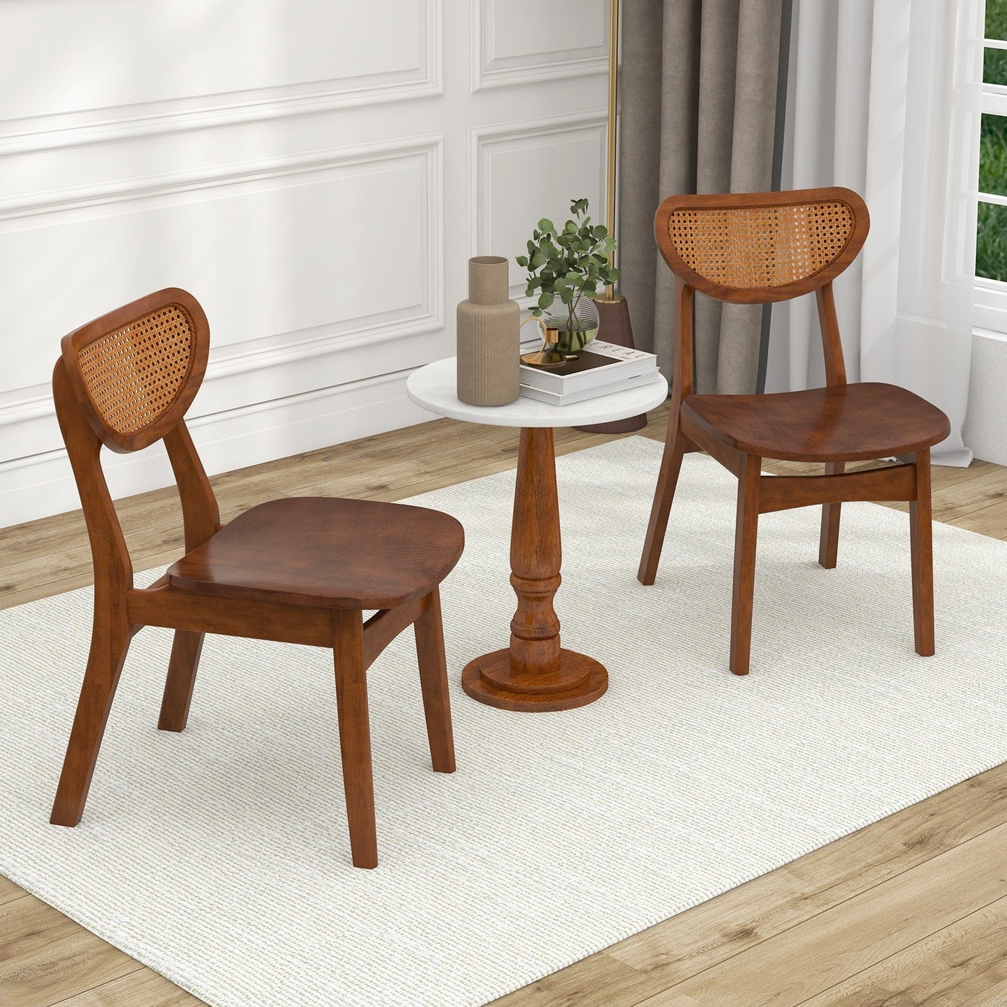 Wooden Dining Chair Set of 2 with Breathable Mesh Cane Backrest, Walnut Dining Chairs   at Gallery Canada