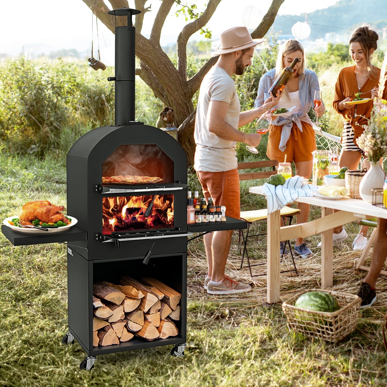 Outdoor Pizza Oven with Protective Cover and Grill Racks and Built-in Thermometer, Black Outdoor Grills   at Gallery Canada