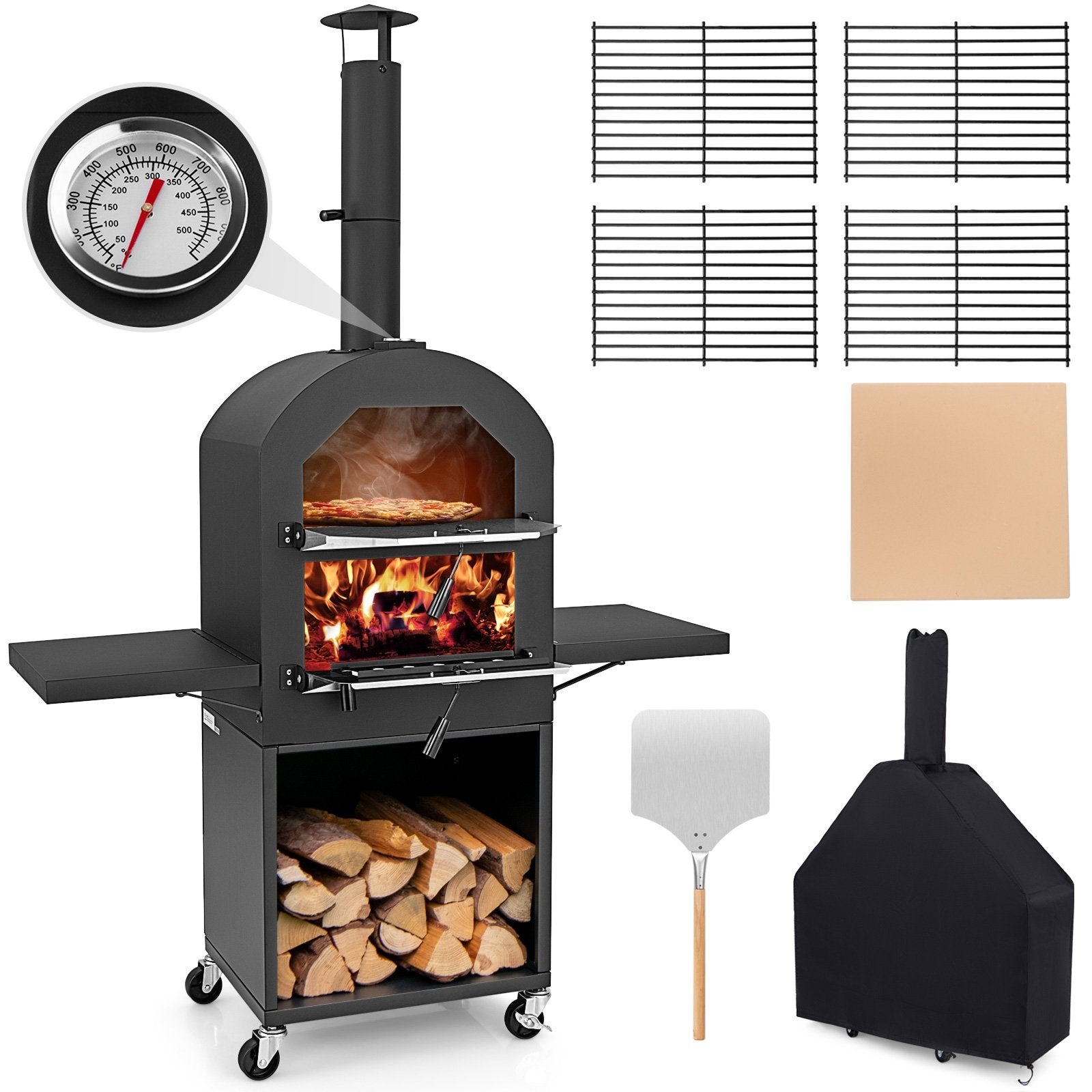 Outdoor Pizza Oven with Protective Cover and Grill Racks and Built-in Thermometer, Black Outdoor Grills   at Gallery Canada