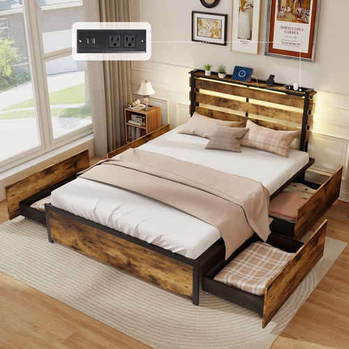 Full/Queen/Twin Size Bed Frame with Drawers LED Lights and USB Ports-Full Size